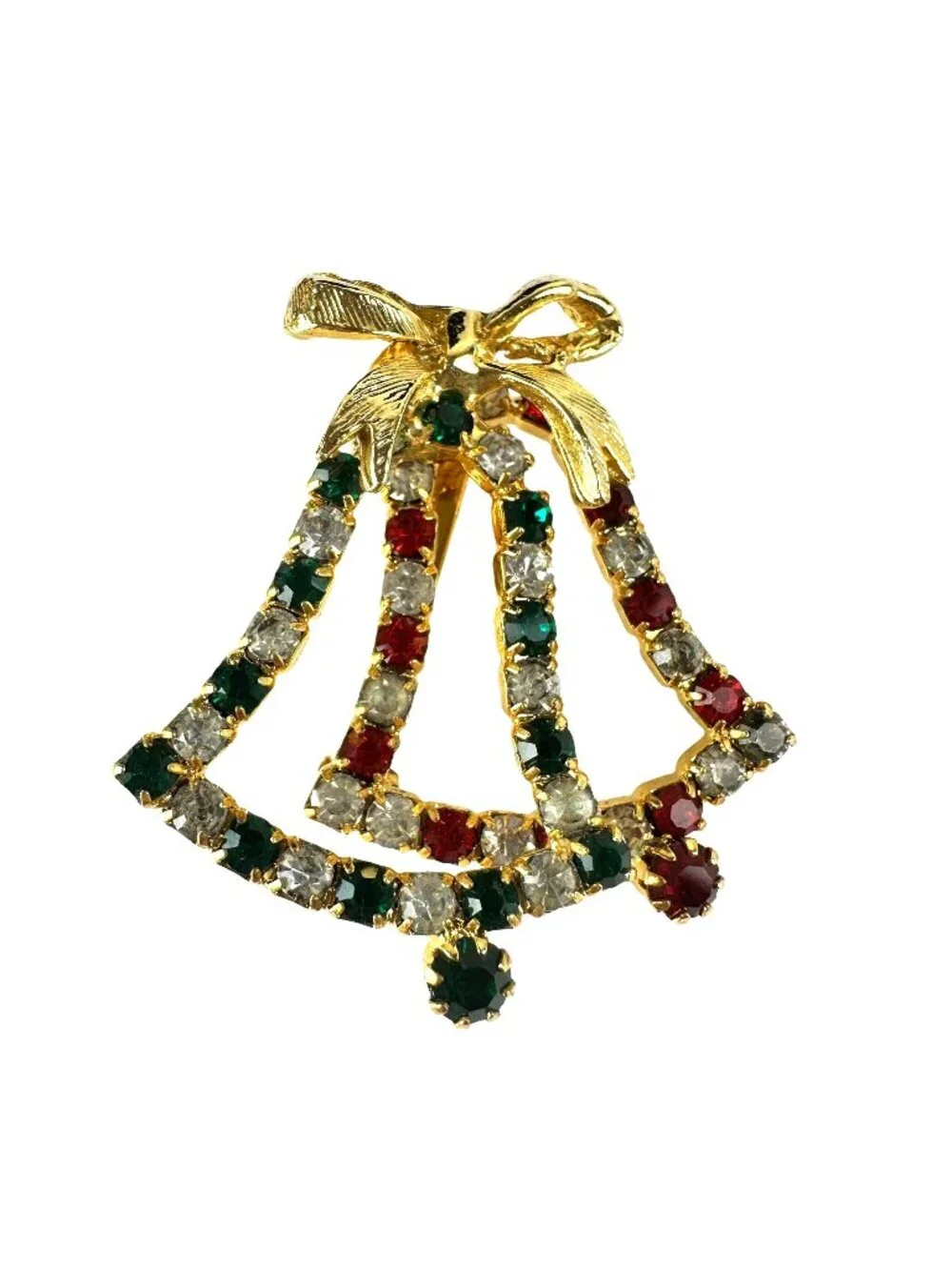 Vintage Christmas Brooch Bell Rhinestone Green Red Gold Tone